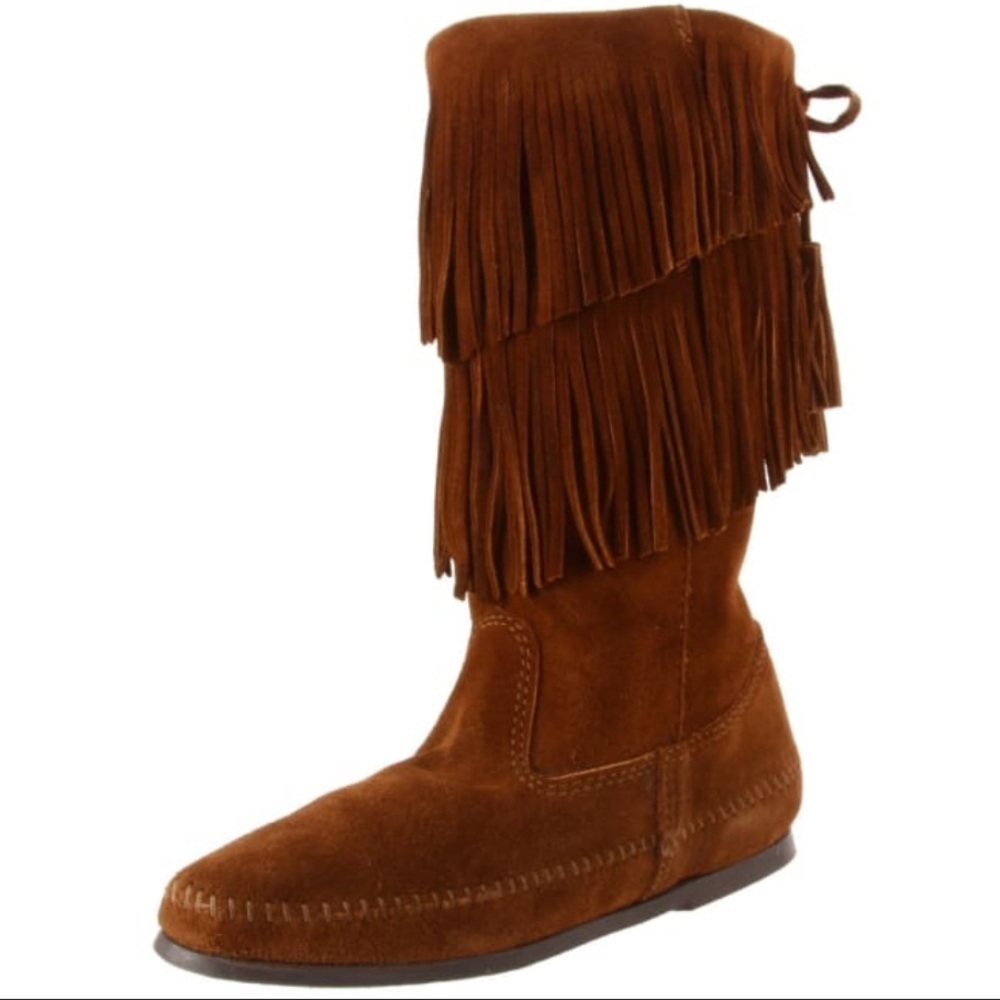MINNETONKA FRINGE MOCCASIN BOOTS ADJUSTABLE LACES ZIPPER BROWN SIZE 7 HANDMADE